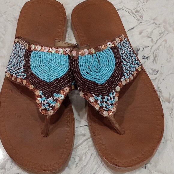 Beaded Women Sandals w/ Colorful Beads Native American Design size 9 - Picture 1 of 5